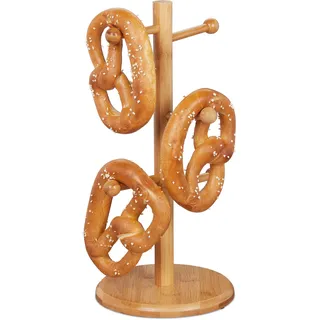 Relaxdays Brezelständer aus Bambus, 6-armig, Höhe 35 cm, auch als Wurstständer oder Tassenhalter, Brezelbaum Holz, natur, 35 x 17.5 x 17.5 cm, Hellbraun