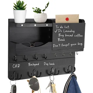JKOKPMG Schlüsselbrett Holz mit Ablage, schlüsselkasten Holz,Schlüsselhalter mit Edelstahlhaken,Schlüsselablage Wand, Schlüsselboard aus Buche,Schlüsselhaken Key Holder Modern schwarz