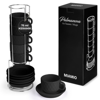 MIAMIO – 6 x 75 ml Espresso Tassen/Espressotassen Set mit Ständer Steingut Keramik - Palmanova Kollektion (Schwarz)