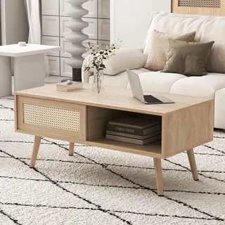 Korb Geflochtener Couchtisch, Teetisch mit Schiebetüren, Beine aus Massivholz, moderner Wohnzimmertisch, Natürliche Farbe-H40/B1050/T55 cm - Naturbelassen