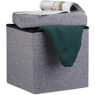 Relaxdays Faltbarer Sitzhocker, Sitzcube als Fußablage, Sitzwürfel aus Leinen, mit Deckel, HBT 38x38x38 cm, dunkelgrau