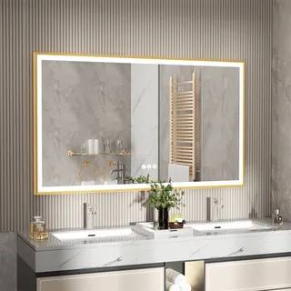 WISFOR LED Badspiegel mit goldenem Aluminiumrahmen 100 x 60 cm, Wandspiegel mit Touch Schalter, Anti-Fog dimmbar für Badezimmer Schlafzimmer Make-Up - Gold