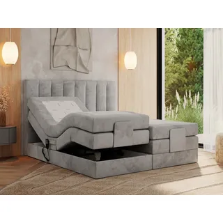 MKS MEBLE Boxspringbett 160x200 elektrisch verstellbar 7-Zonen Taschenfederkern Matratze und Topper Bett 160x200 mit Motor Polsterbett Motorbett - Comforto - Hellgrau Velvet - H4 - Hellgrau