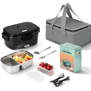 vinato Elektrische Lunchbox 1.5L, Speisenwärmer Elektrisch 60W,Lunchbox Elektrisch,Tragbare Beheizte Lunchbox Für Auto,Lkw,Büro,Mit Gabel, Löffel, Isolierter Tragetasche