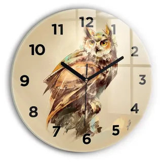 Wallfluent Wanduhr – Stilles Quarzuhrwerk - Uhr Dekoration Wohnzimmer Schlafzimmer Küche - Zifferblatt - schwarze Zeiger - 30 cm - Eule - ein Zeichen der Weisheit - Braun