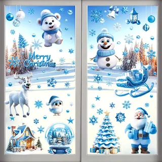 AhfuLife Fensterbilder Weihnachten, 108 Stück Fenstersticker Weihnachten Blauton Selbstklebend Wiederverwendbar Doppelseitig Weihnachtsmann, Schneemann, Weihnachtsbaum für Xmas Party Deko Fenster