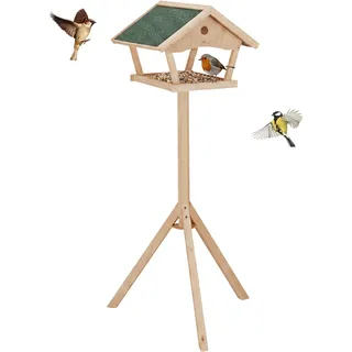Relaxdays Vogelfutterhaus mit Ständer, 137 cm hoch, wetterfestes Dach, Garten & Balkon, Vogelhaus, Tannenholz, Natur