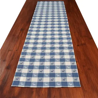 Tischläufer Landhaus-Tischdecke Karo mit Hirsch in Blau 40 x 160 cm rechteckig | blau-weiß Karierter Webstoff langlebig | rustikaler Landhaus-Stil | Tischdeko für Küche, Esszimmer, Gästezimmer