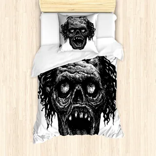 ABAKUHAUS Halloween Bettbezug Set für Einzelbetten, Zombie Böse Kopf Muster, Milbensicher Allergiker geeignet mit Kissenbezug, Weiß Anthrazit grau - Weiß