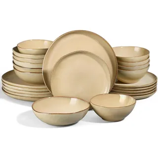 Joyfair Geschirrset 6 Personen, 24-tlg Steinzeug Tafelservice Set, Unregelmäßig Rund Geschirr mit Speiseteller, Dessertteller, Müslischalen, Mikrowellen- & Spülmaschinenfest, Reaktives Sandstein Khaki