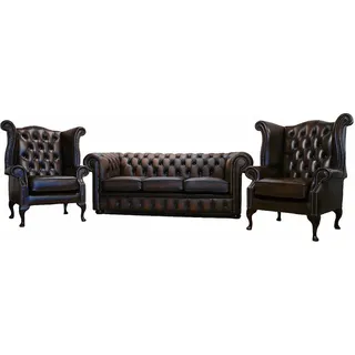 3 tlg. Sofagarnitur 3 Sitzer Couch Ledersofa Chesterfiield + 2x Ohrensessel Neu - Braun