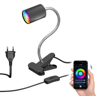 ledscom.de Klemmleuchte WAIKA mit Schwanenhals und Schalter schwarz matt, inkl. Smart Home RGBW GU10 LED Lampe, 5,41W, 473lm