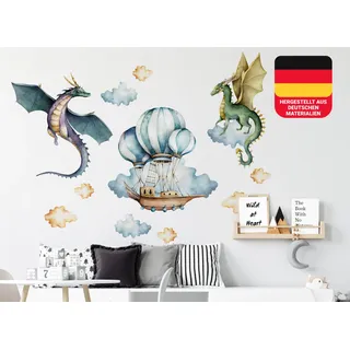 Osomhome Wandtattoo Kinderzimmer Mädchen & Junge: Drachen & Flugschiff (120x100cm) | Kinderzimmer & Babyzimmer Deko | Wandsticker & Wanddeko Kinderzimmer | Wandaufkleber, Wall Stickers os9605