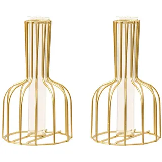 Tyatiyzn 2 Stück Geometrische Deko, Metallrahmen Blumenvase, Glas Vase mit Metallgestell, für Hydrokultur Pflanzen Kleine Dekorative Bud Vase, Innendekoration.(Gold)