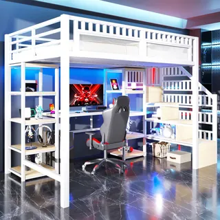 Flieks Etagenbett 140x200cm mit Schreibtisch und Regal, Hochbett mit Treppe, Jugendbett mit Led und Lattenrost, Kinderbett Metallbett Weiß - Weiß