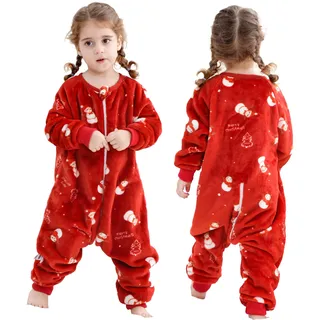 HAHASHOW Schlafsack mit Füßen 2.5 Tog, Flanell Schlafsack Baby Winter, Weihnachten Schlafanzug Baby mit Ärmel, Pyjama Kinder 2-3 Jahre,Schneemann