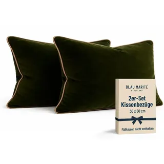 Blau Marité Kissenbezüge 30x50 cm – 2er Set aus weichem Samt – Dekokissen mit kontrastierendem Rand – Grün & Camel – Ohne Füllung