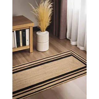 Hanse Home Looma - Jute Teppich, Natürlich & Handgemacht, Naturteppich Robust mit Bordüre, Boho Look Wohnzimmerteppich für Wohnzimmer, Schlafzimmer, Esszimmer, Flur - Natur Gold Schwarz, 80x250 cm