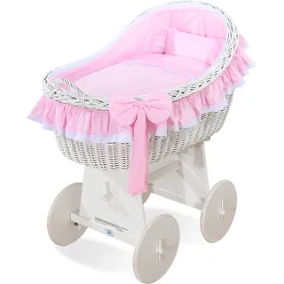 Carina Weiden-Moseskorb mit Weidenschuppen, Weiß + Rosa Bettwäsche