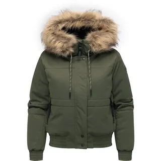 Winterjacke RAGWEAR "Winterjacke Deluxia YOUMODO", Damen, Gr. L, grün (schwarz olive), Obermaterial: 100% Polyester PES.  Obermaterial: Futter: 100% Polyester PES. 100% Polyester PES., gerade hüftlang, hoch geschlossener Ausschnitt, eng Bündchen, Jacken Winterjacke, modische Damen Bomberjacke mit Kunstfell