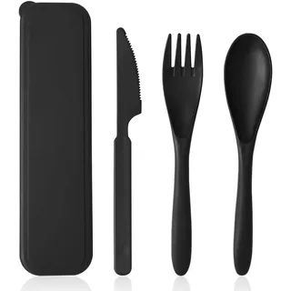 1 Stück Besteck Set, Reisebesteck mit Etui, Wiederverwendbares Plastikbesteck, Plastik Löffel Messer und Gabel Set, Tragbares Besteckset für Unterwegs Camping Outdoor Picknick