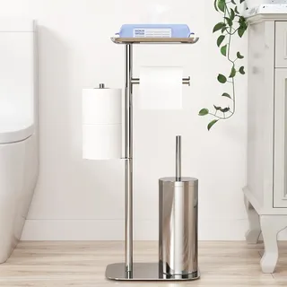 Toilettenpapierhalter Stehend Silber mit Bürste - Klopapierhalter Stehend mit Klobürste, WC Garnitur mit Feuchttücherbox und Toilettenbürste