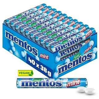 Mentos Kaubonbons Mint, Dragees mit Pfefferminz-Geschmack für frischen Atem, Multipack, Bonbon Vorrats-Packung, Verkaufsdisplay (40 Rollen), vegan