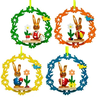 SIKORA OD16 Osterdeko Osterhasen Figuren aus Holz im 4er Set | Handbemalte Ornamente zum Aufhängen für Ostern | Hochwertiger Baumschmuck & Fensterdeko | Höhe ca. 9,5 cm