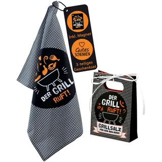 CULT at home 3-teiliges Geschenkset Grill Geschenke – Geschirrtuch Spruch 50 x 65 cm, Kühlschrankmagnet und Grillsalz Gewürzmischung – Geschenke für Männer Vatertagsgeschenk