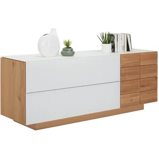Voglauer Sideboard , Weiß, Eichefarben , Holz, Glas , Wildeiche , mehrschichtige Massivholzplatte (Tischlerplatte), massiv , 1 Fächer , 2 Schubladen , 192x74x52 cm , Goldenes M, Made in Austria , Beimöbel erhältlich, umfangreiches Zubehör erhältlich, stehend, in verschiedenen Holzarten erhältlich , Kleinmöbel, Kommoden, Sideboards