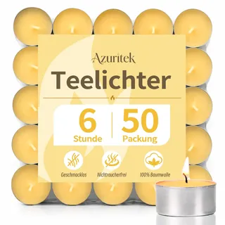 Azuritek 50 Stück 100% Rein Bienenwachs Teelichter, 6 Stunden | Natürlich Bienenwachskerzen, Paraffinfrei und Duftstoffe Bienenwachs Teelicht für Halloween, Advent, Weihnachten Kerzen