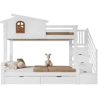 Wishdor Etagenbett 90/200 cm & 120/200 cm in Weiß & Natur mit 2 Schubladen und Eck-Leiterschrank , Weiß, Naturfarben , Holz, Holzwerkstoff , Rechteckig , 90x200 cm , Babymöbel & Kindermöbel, Kinderzimmer & Jugendzimmer, Stockbetten