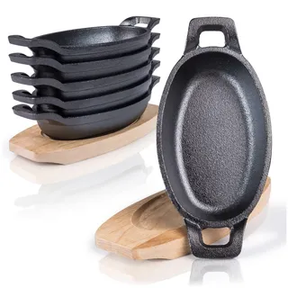Amazy Gusseisen Servierpfanne 6er Set mit Holzuntersetzern - 15,4 x 9,5 cm Vorgebrannte Gusseisenpfanne Grill für Ofen, Herd und Grill - Grillpfännchen zum Gratinieren, Backen, Braten und Schmoren