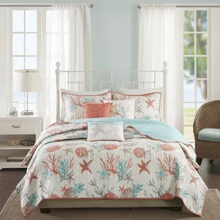 Madison Park Bettwäsche-Set, Landhaus-Küsten-Design, Seestern-Druck – alle Jahreszeiten, Decke, Tagesdecke, leichte Bettwäsche, Kissenbezüge, Wurfkissen, King-Size-Bett (264,2 x 238,8 cm), Korallenfarben, 6-teilig