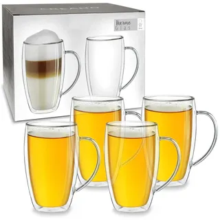 Creano doppelwandiges Thermoglas mit Henkel 250ml, großes Doppelwandglas aus Borosilikatglas, Kaffee-/Teeglas, 4x 250ml