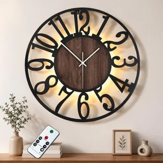 Maxstar Wanduhr 50cm Schwarz Lautlos mit LED-Beleuchtung & Fernbedienung | Perfekt für Wohnzimmer, Schlafzimmer, Küche oder Büro – mit einstellbarem Nachtlicht