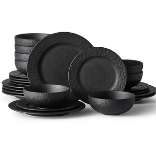 HIKAA Steingut Geschirrset Schwarz 8 Personen, 24-Teiligs Matte Teller Set, Hochwertiges Tafelservice Mikrowellen und Spülmaschinenfest, Kombiservice für Familienessen, Restaurants, Geschenke