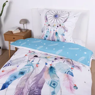 Traumfänger Bettwäsche Set 2-teilig Renforcé - Wendebettwäsche Türkis aus 100% Baumwolle - Deckenbezug 135x200 und Kissenbezug 80x80 cm mit Reißverschluss - kuschelig weich, Ökotex zertifiziert