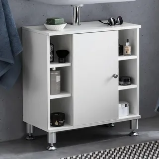 FineBuy Waschbeckenunterschrank 60 x 64 x 32 cm mit Tür & 6 Ablagefächer Weiß Waschtischunterschrank Badezimmermöbel Unterschrank Bad - Weiß