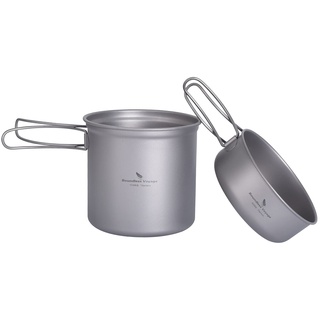 iBasingo 400ml+1100ml Camping Topf & Pfannen Set Titan Kochgeschirr Set mit Klappgriff Outdoor Leichte Kochutensilien Wandern Tragbare Schüssel Tasse Küchenutensilien Reise Picknick Geschirr Ti2050C