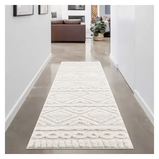 Carpet City Teppich Wohnzimmer Hochflor Creme - Läufer 80x300 cm - Rauten Hochtief-Muster, 3D-Effekt - Bettvorleger Schlafzimmer Teppiche Boho, Skandi