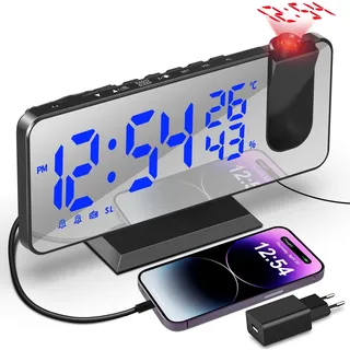 TAKRINK Projektionswecker mit USB-Anschluss Wecker Digital mit Projektion Dual-Alarm 12/24H Radiowecker LED-Anzeige 180° Projektor 4 Projektionshelligkeit projektion für Schlafzimmer(Blau)