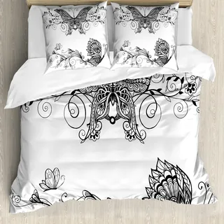 ABAKUHAUS Mandala Bettbezugs Set Für Doppelbetten, Schmetterling mit Blumen, Milbensicher Allergiker geeignet mit Kissenbezügen, Schwarz Weiss - Schwarz