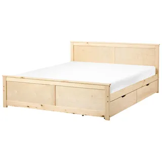 BELIANI Bett mit 2 Schubladen Hellbraun Kiefernholz 160 x 200 cm mit Stauraum Kopfteil Lattenrost Skandinavischer Stil Holzbett Stauraumbett - Braun