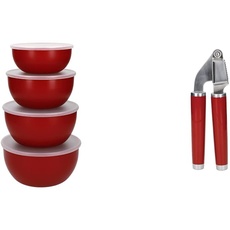 KitchenAid - Salatschüsseln, 591 ml, aus Kunststoff mit Deckel, rot, 4er Set & Knoblauchpresse, Edelstahlpresse ist spülmaschinenfest - Empire rot