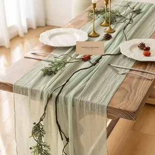 Keketo Frühlings-Tischläufer, Seihtuch, rustikaler Boho-Stil, Tischläufer für Hochzeit, Babyparty, Brautparty, durchscheinende Gaze, Tafelaufsatz, Sommerdekoration