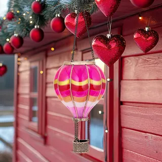 TERESA'S COLLECTIONS Solar Laterne Heißluftballon,Hochzeitsdeko Aussen,Gartendeko für Draußen,Valentinstag Deko mit Rosa Ballon,Solarlaterne für außen,Dekorativer Flammeneffekt