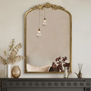 PERFNIQUE Gold Vintage Spiegel, 91 x 60 cm, gewölbter antiker Barockspiegel für Wand, Messing, traditioneller kunstvoller Spiegel für Badezimmer, Wohnzimmer, Kamin, Eingang, Flur (91 x 60 cm)