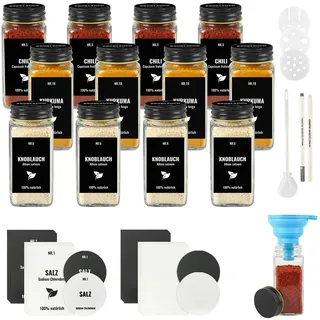 JAECU 12pcs Gewürzgläser Eckig mit Aluminiumdeckel, 120ml Glasbehälter mit Streueinsatz, Luftdichte Gewürzdosen inkl. Trichter, Permanentmarker, Bürste & Etiketten (Schwarz)