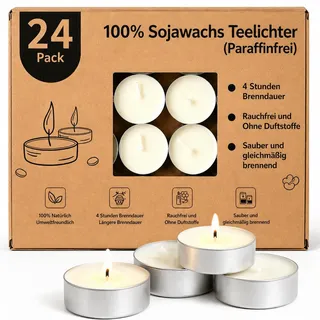 LETINE 24 Stück 100% Sojawachs Teelichter, 4 Stunden, Weiß, Duftfrei | Kleine Soja Kerzen, Vegan, Paraffinfrei, Aluhülle, Saubere Verbrennung Tealights für Hochzeit, Party Dekorationen